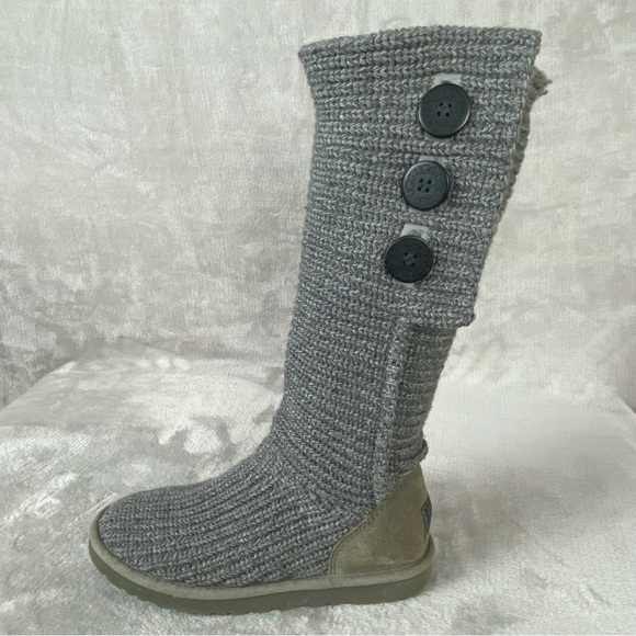 UGG Cardy Women's Knit Boots Size 8 Gray Wool Knee High Button Sheepskin - Picture 2 of 9